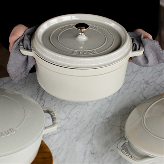 Staub 4 Qt. Cast Iron Round Dutch Oven in White Truffle